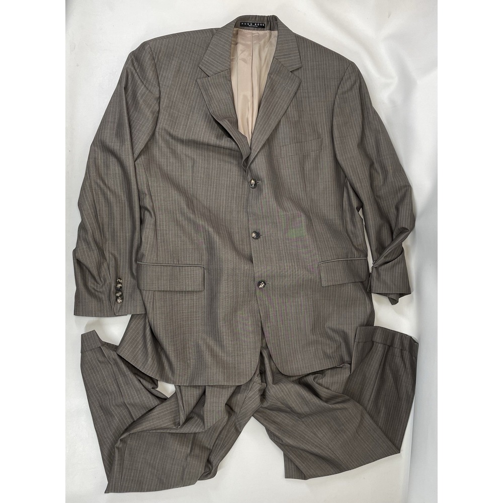 Hugo Boss Virgin Wool Brown Pinstripe Suit Set Mens Size 48 L